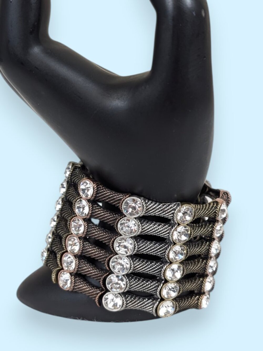 Tri-Tone Metal Rhinestone Stretch Bracelet